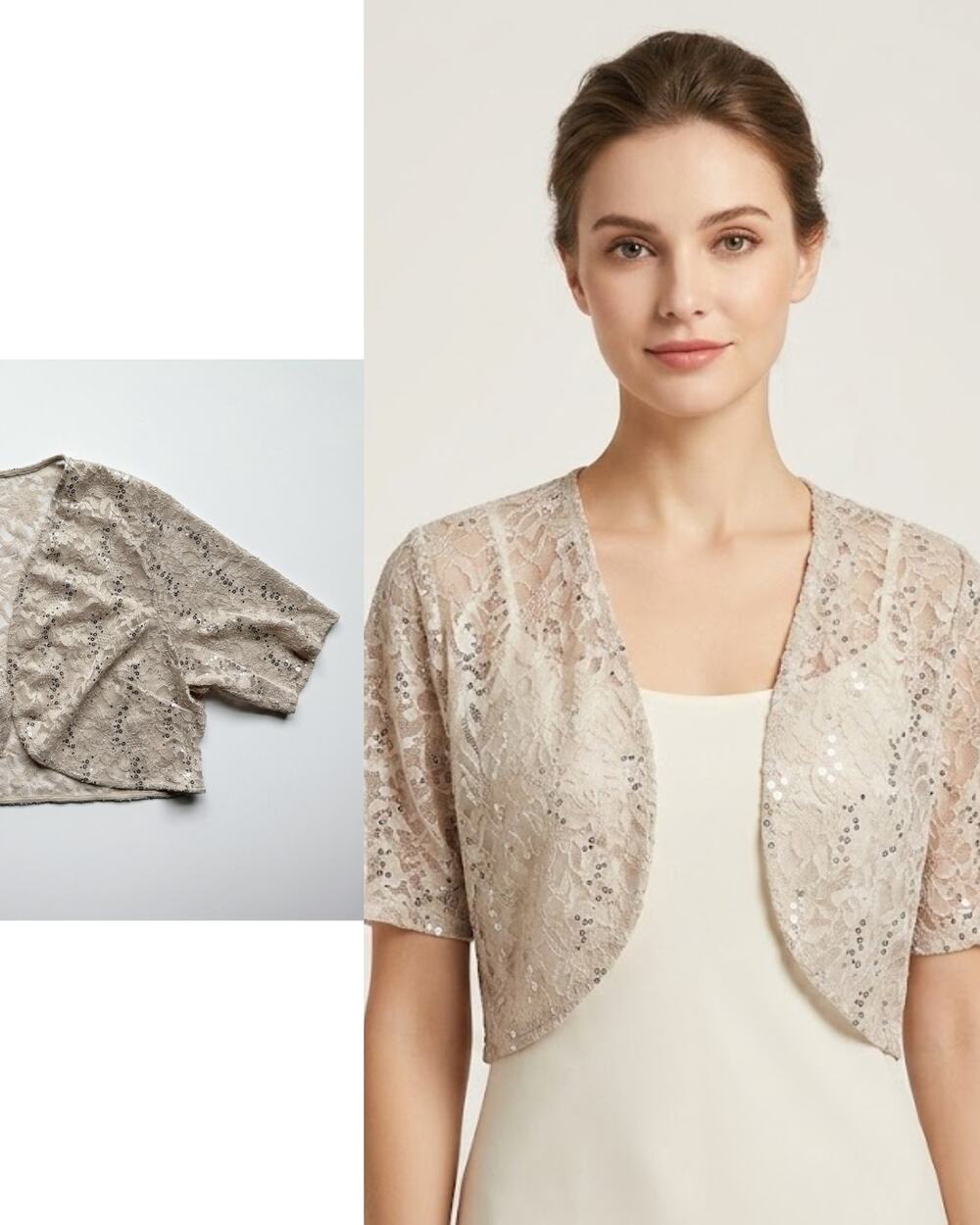 Champagne Lace Sequin Bolero Shrug — Open Front, Formal Large XL